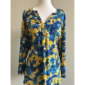 Ava & Grace Blouse Blue Yellow Floral Stretch Knit 3/4 Sleeve Popover Top 1X XL